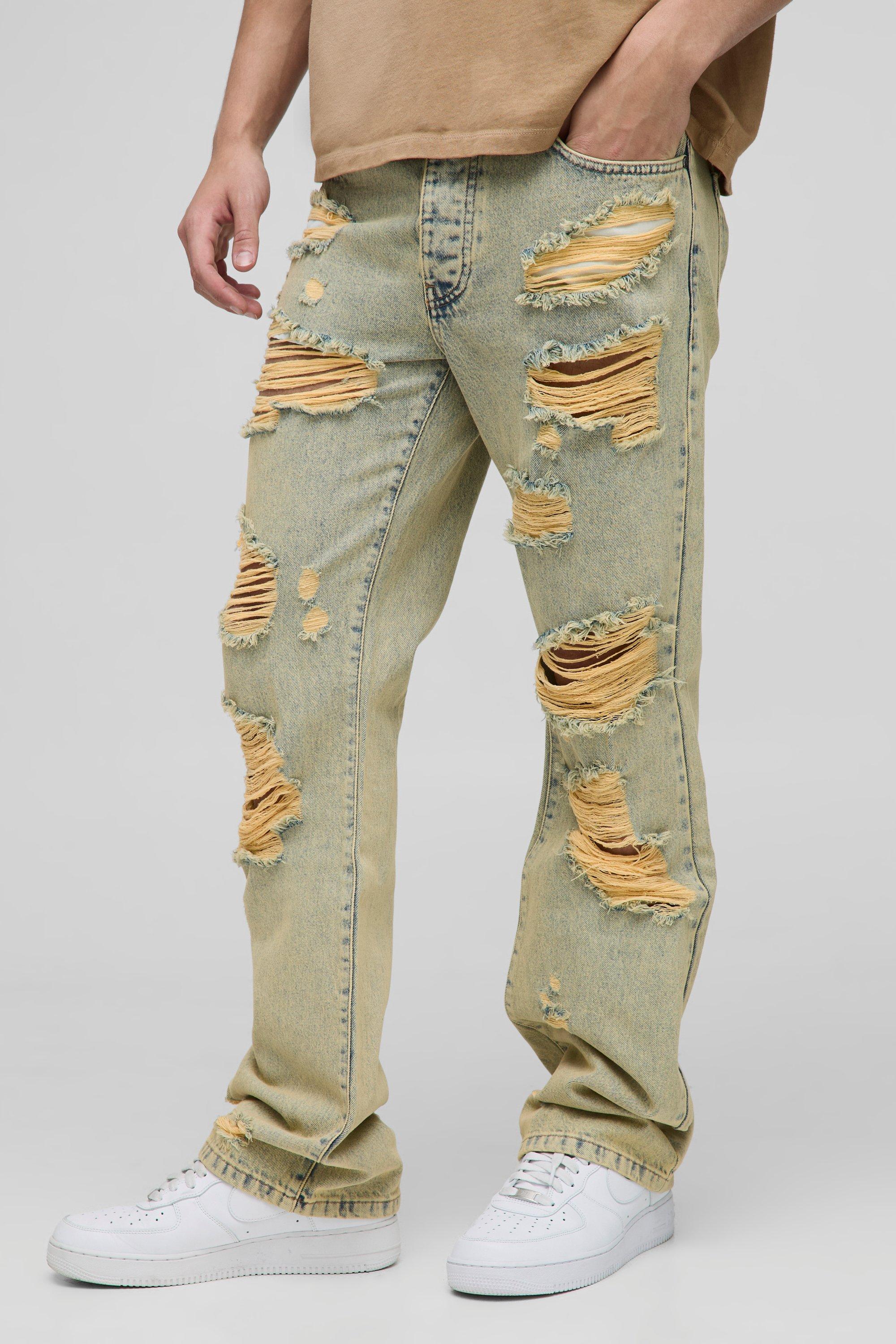 Slim Flared Knee Ripped Bleach Washed Jeans